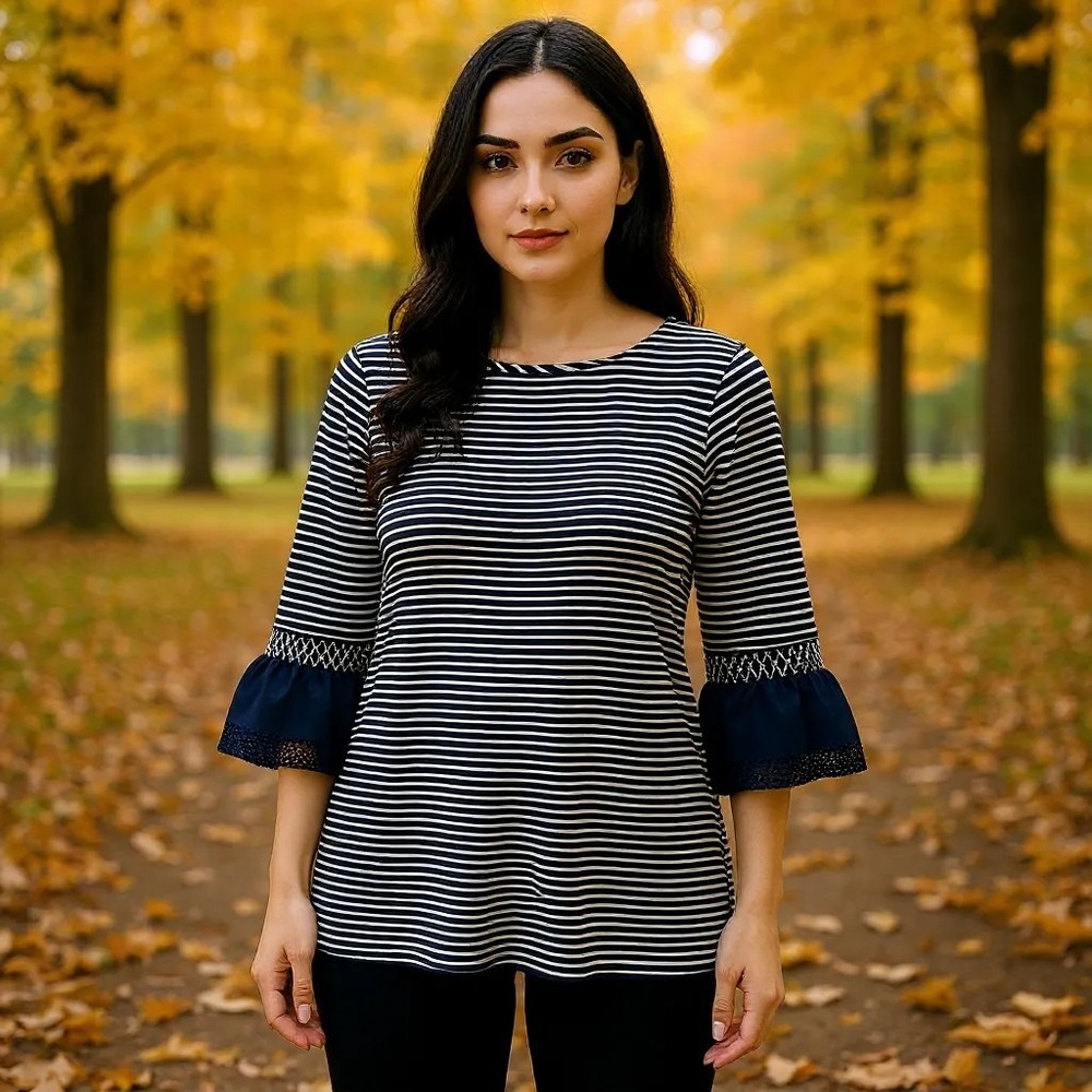 J.Jill Top Tunic Women's Size S Striped Bell Sleeve Navy‎ White Boho Travel